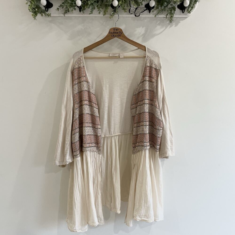 LOGO Cream boho Embroidered Beaded Lightweight Open Tunic Cardigan Sz 3X